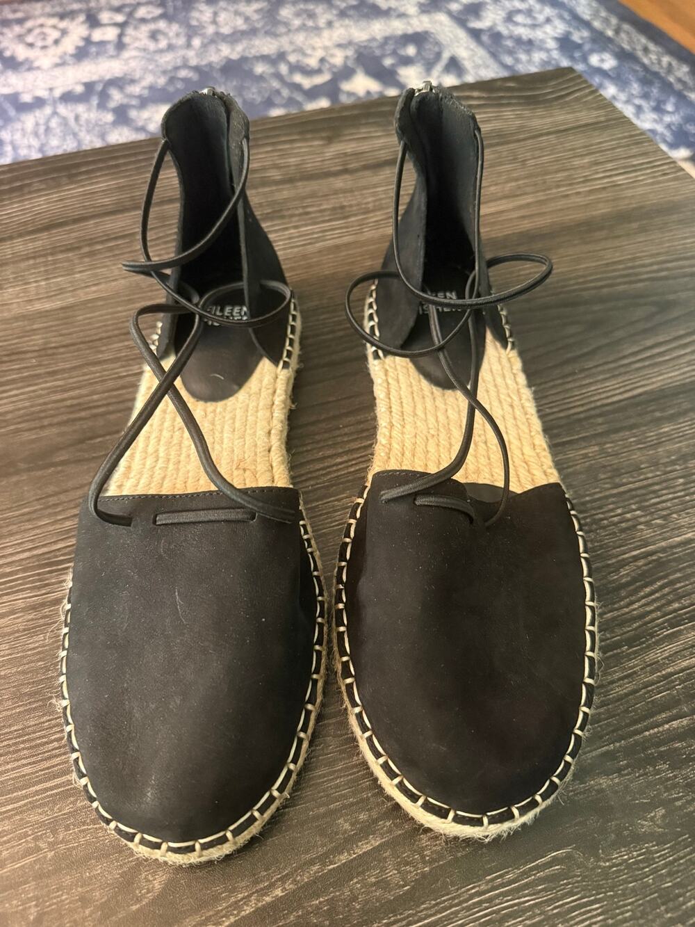 Eileen Fisher Lace Black Leather Espadrille Flats Sz. 8.5